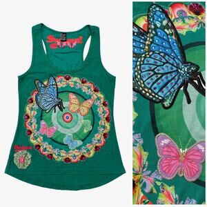 Desigual Butterfly Tank Top Women S Green Bling Dopamine Y2K Style Colorful